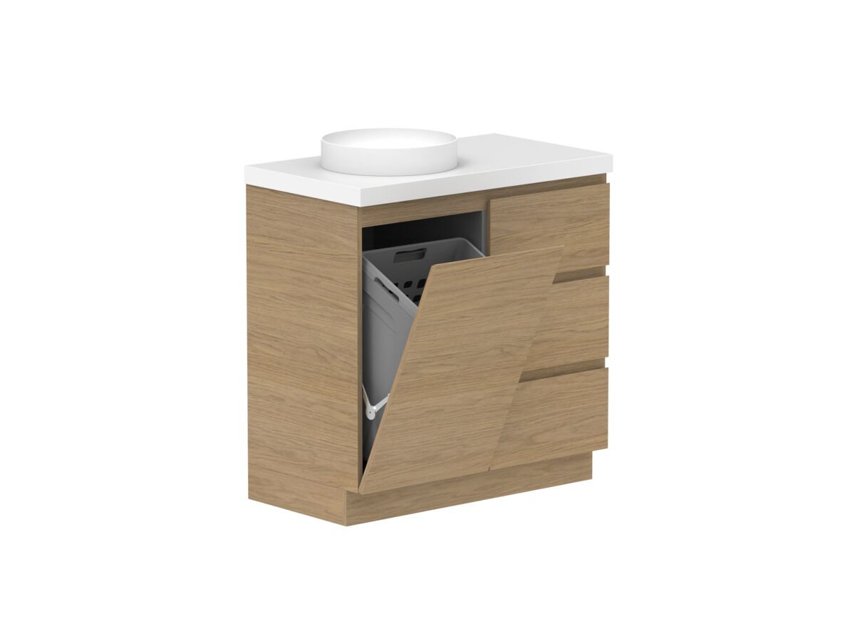 reece Posh Domaine Plus Hamper 900mm Floor Mounted Vanity Left Hand Basin 50mm Caesarstone Mineral Top