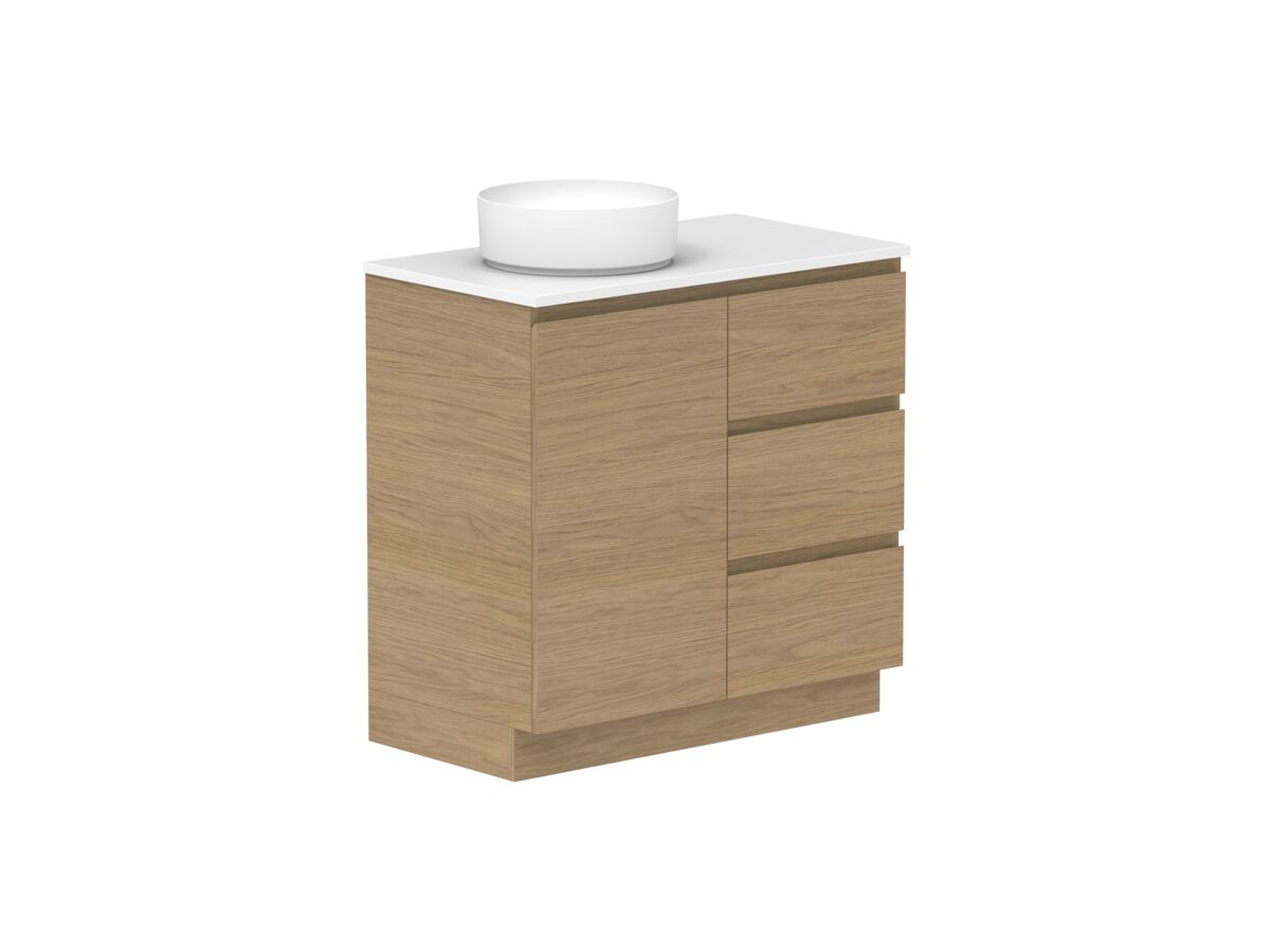 Reece Posh Domaine Plus Hamper 900mm Floor Mounted Vanity Left Hand Basin 20mm Caesarstone Mineral Top