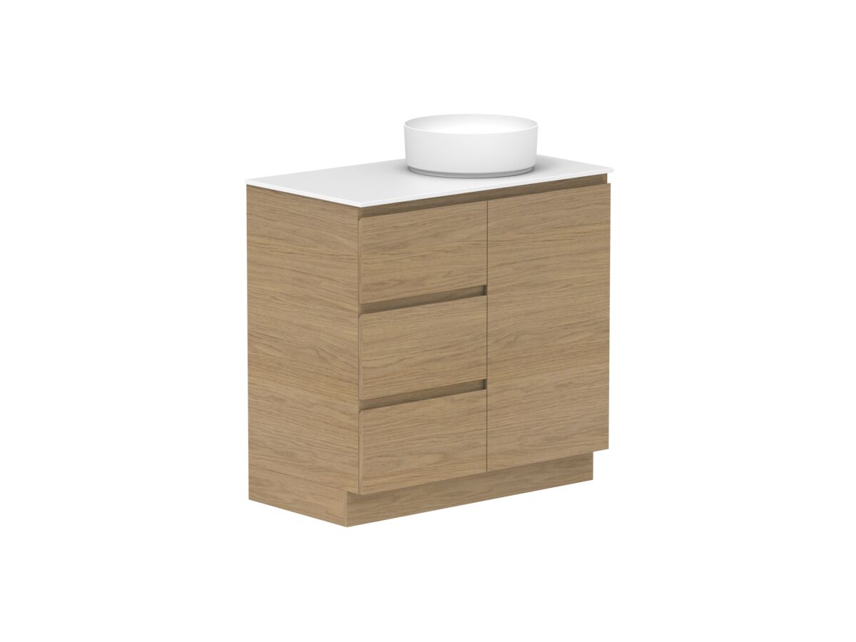 Reece Posh Domaine Plus Hamper 900mm Floor Mounted Vanity Right Hand Basin 12mm Durasein Top