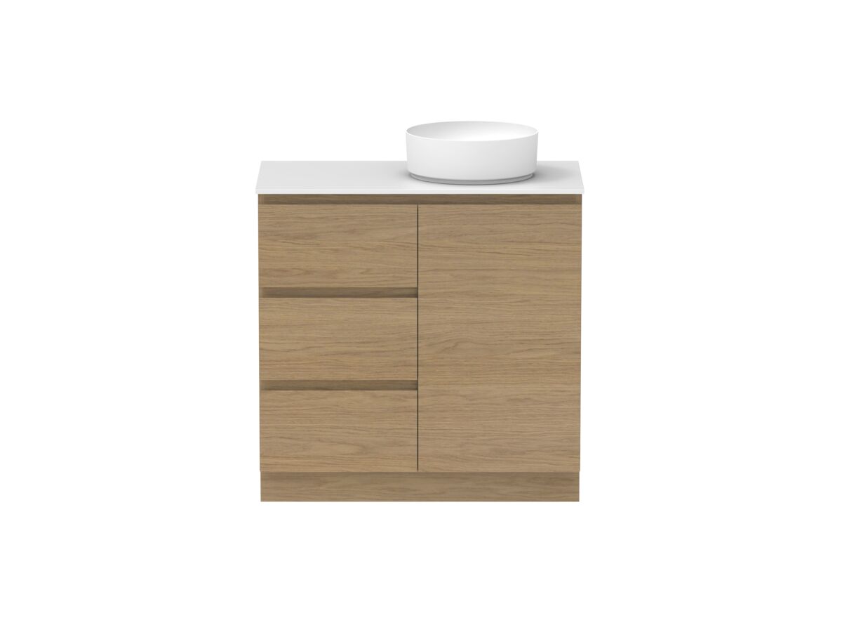 Reece Posh Domaine Plus Hamper 900mm Floor Mounted Vanity Right Hand Basin 12mm Durasein Top