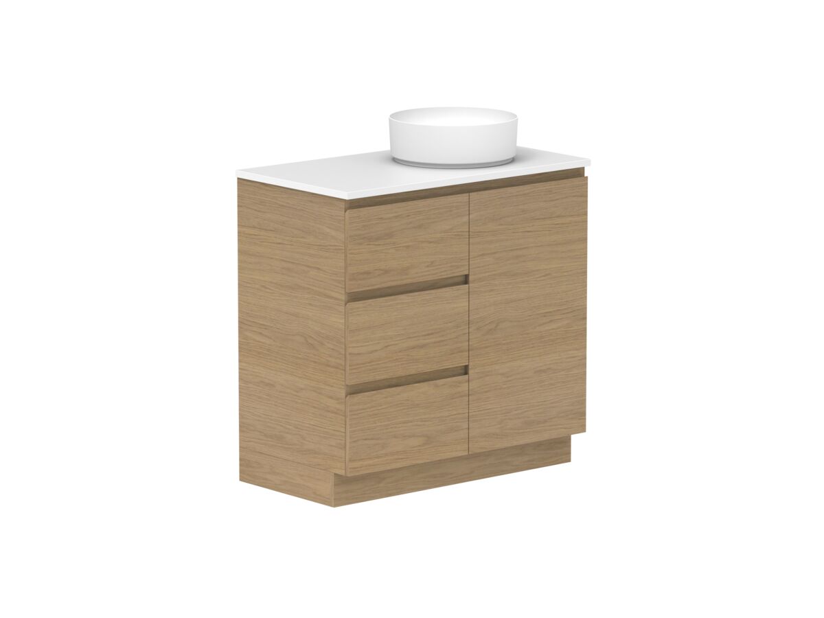 Reece Posh Domaine Plus Hamper 900mm Floor Mounted Vanity Right Hand Basin 20mm Caesarstone Mineral Top