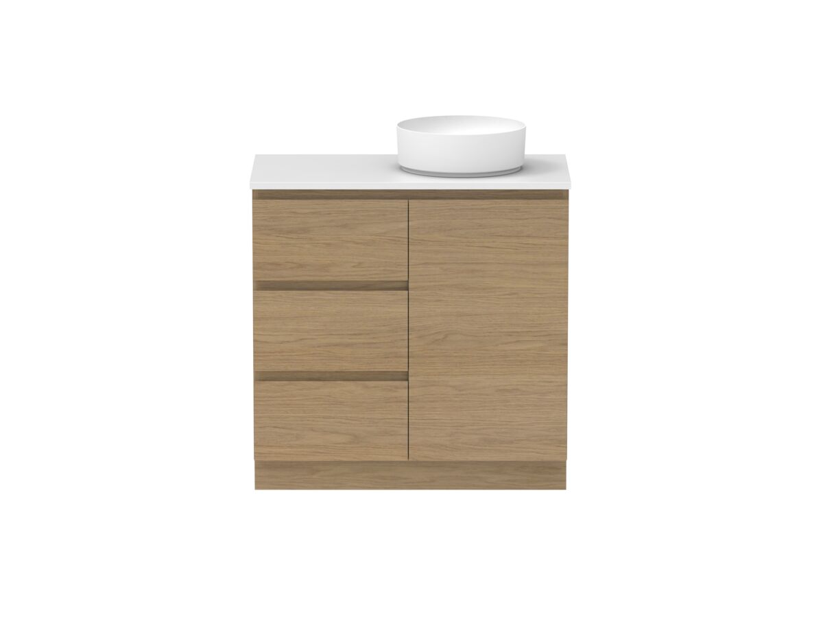 Reece Posh Domaine Plus Hamper 900mm Floor Mounted Vanity Right Hand Basin 20mm Caesarstone Mineral Top