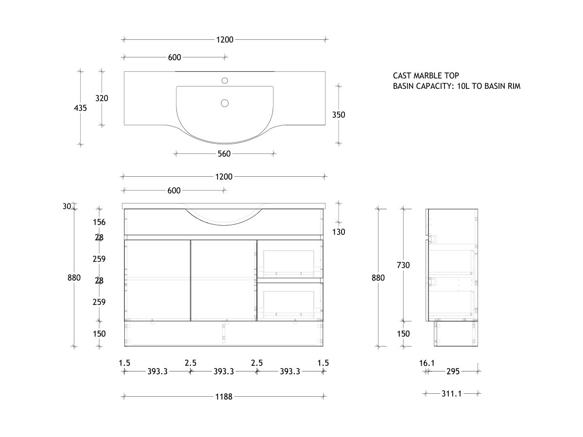 Reece Posh Domaine Plus Semi-Recessed 1200mm Floor Mounted Vanity Centre Basin Cast Marble Top