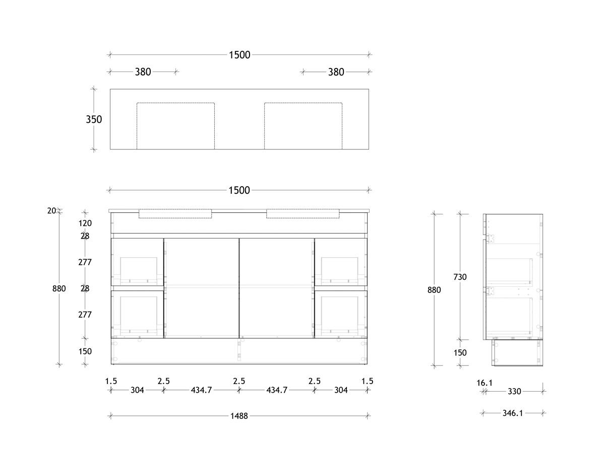 Reece Posh Domaine Plus Semi-Recessed 1500mm Floor Mounted Vanity Double Basin 20mm Cherry Pie Top