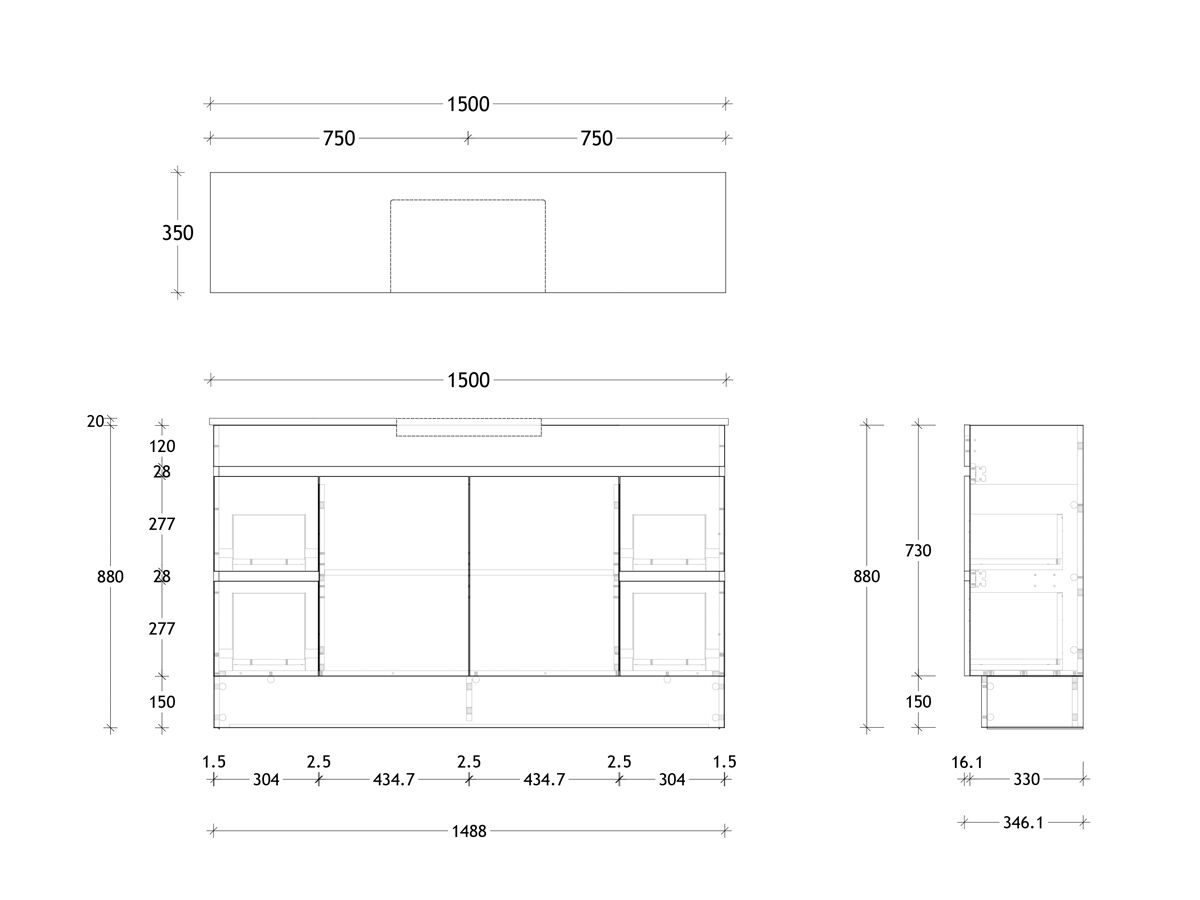 Reece Posh Domaine Plus Semi-Recessed 1500mm Floor Mounted Vanity Centre Basin 20mm Cherry Pie Top