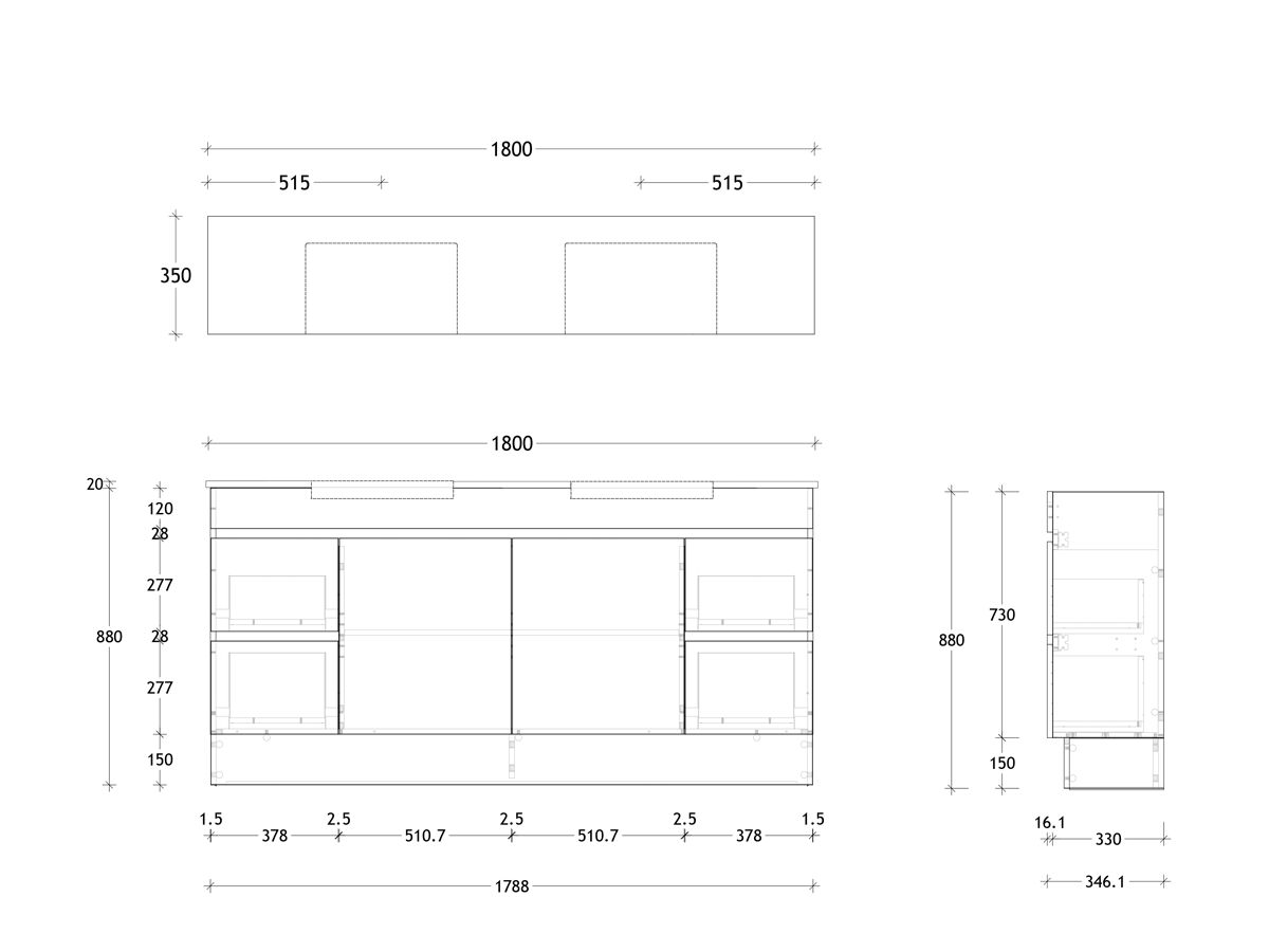 Reece Posh Domaine Plus Semi-Recessed 1800mm Floor Mounted Vanity Double Basin 20mm Cherry Pie Top