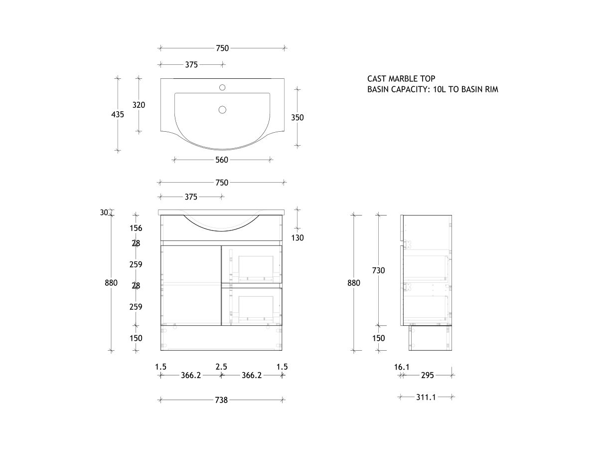 Reece Posh Domaine Plus Semi-Recessed 750mm Floor Mounted Vanity Centre Basin Cast Marble Top