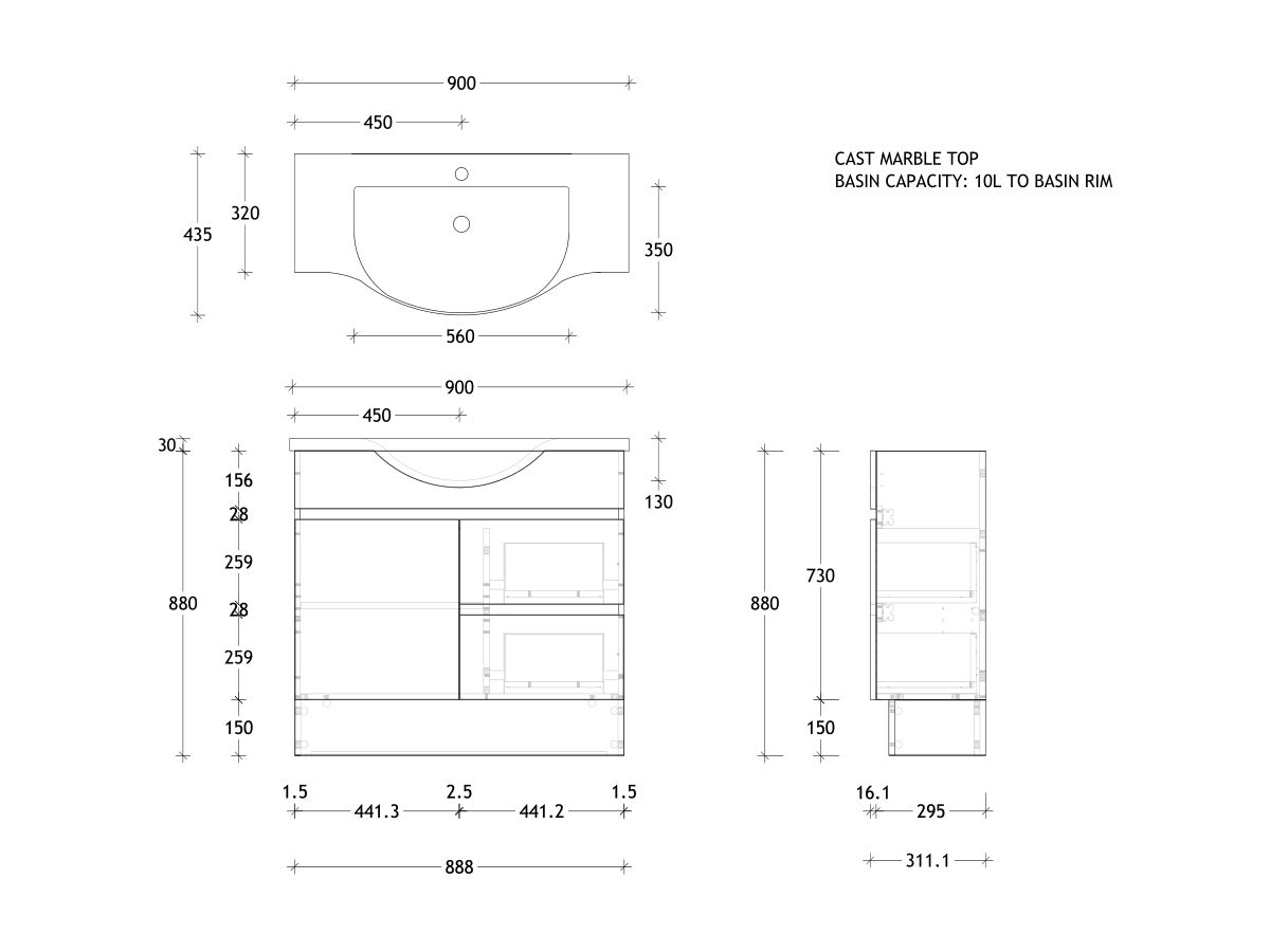 Reece Posh Domaine Plus Semi-Recessed 900mm Floor Mounted Vanity Centre Basin Cast Marble Top