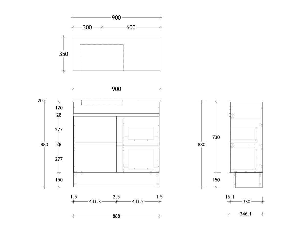 Reece Posh Domaine Plus Semi-Recessed 900mm Floor Mounted Vanity Left Hand Basin 20mm Cherry Pie Top