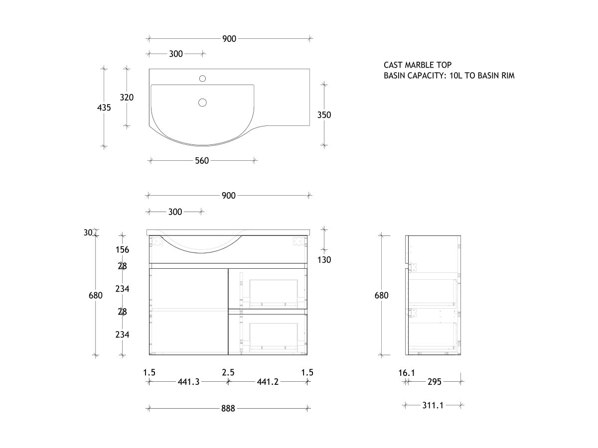 Reece Posh Domaine Plus Semi-Recessed 900mm Wall Hung Vanity Left Hand Basin Cast Marble Top