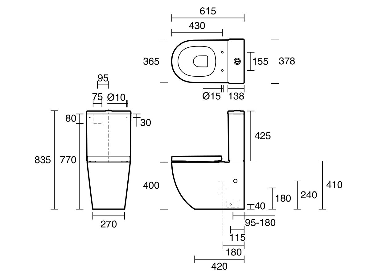 Reece Posh Domaine Round Close Coupled Back To Wall Rimless Back Inlet Toilet Suite With Soft Close Quick Release Seat White (4 Star)