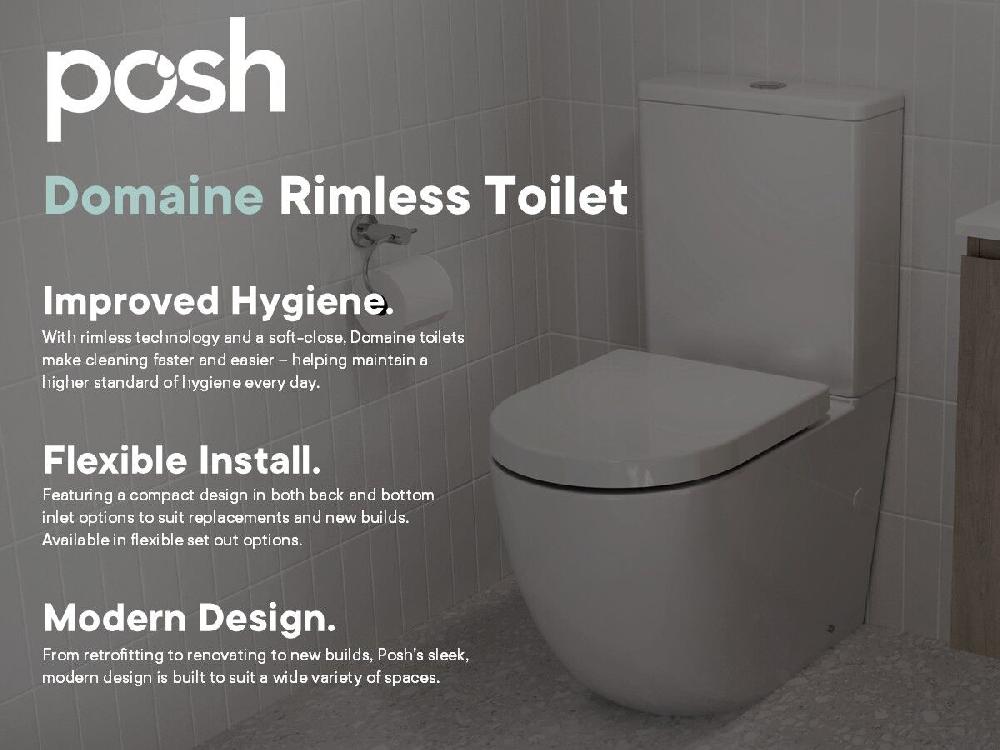 Reece Posh Domaine Round Close Coupled Back To Wall Rimless Bottom Inlet Toilet Suite With Soft Close Quick Release White (4 Star)