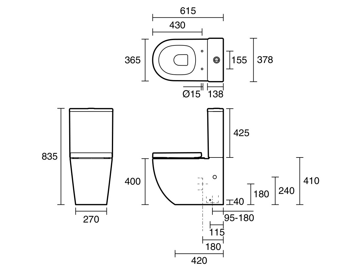 Reece Posh Domaine Round Close Coupled Back To Wall Rimless Bottom Inlet Toilet Suite With Soft Close Quick Release White (4 Star)