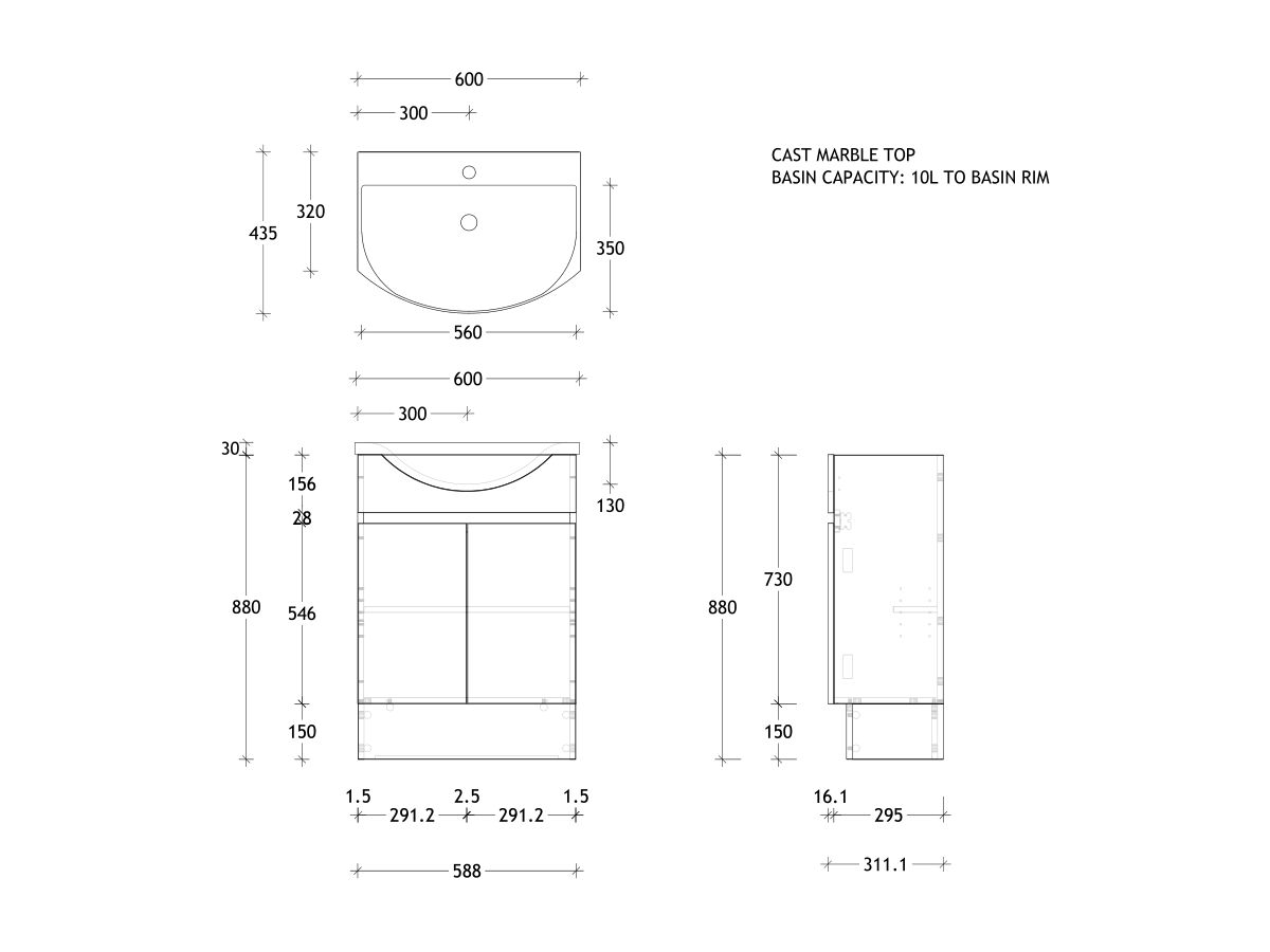 Reece Posh Domaine Semi-Recessed 600mm Floor Mounted Vanity Centre Basin Cast Marble Top