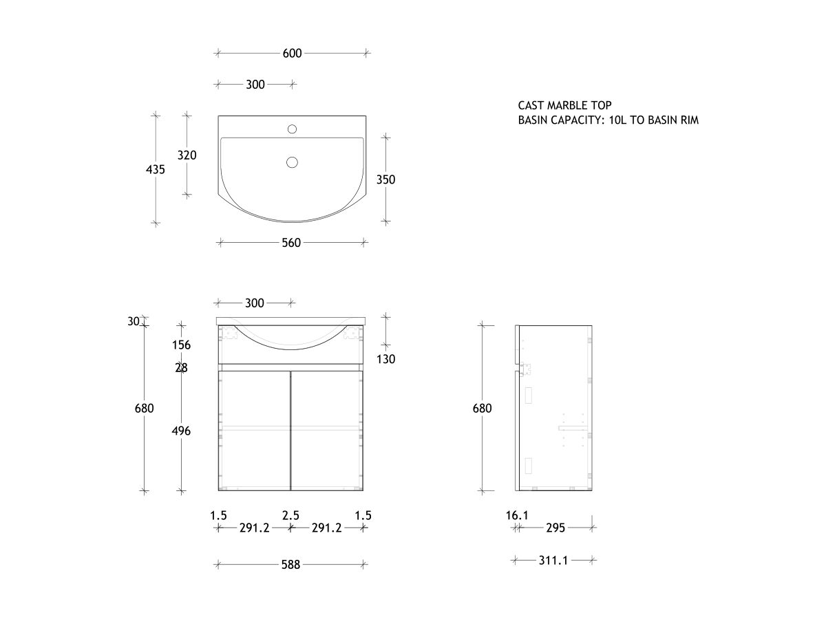 Reece Posh Domaine Semi-Recessed 600mm Wall Hung Vanity Centre Basin Cast Marble Top