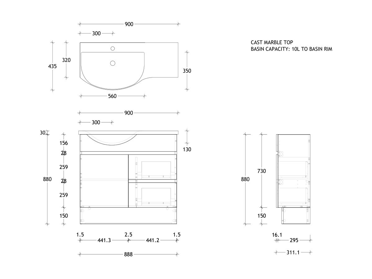 Reece Posh Domaine Semi-Recessed 900mm Floor Mounted Vanity Left Hand Basin Cast Marble Top