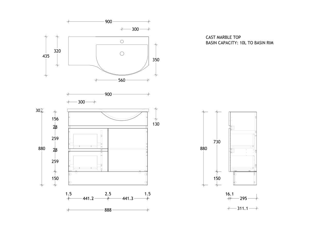 Reece Posh Domaine Semi-Recessed 900mm Floor Mounted Vanity Right Hand Basin Cast Marble Top