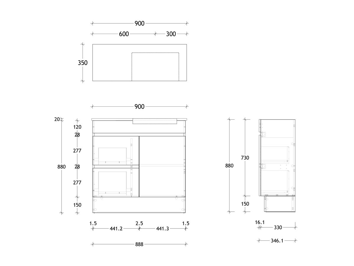 Reece Posh Domaine Semi-Recessed 900mm Floor Mounted Vanity Right Hand Basin 20mm Cherry Pie Top