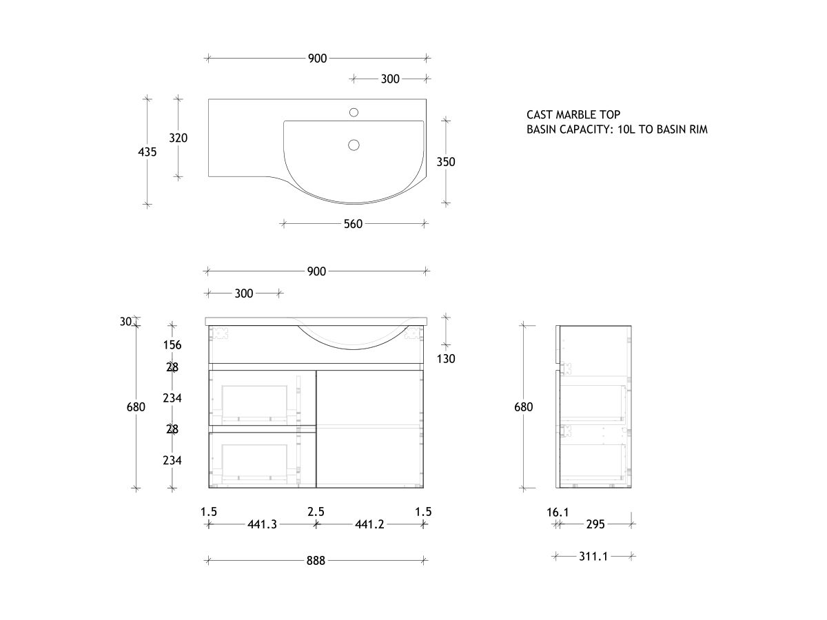 Reece Posh Domaine Semi-Recessed 900mm Wall Hung Vanity Right Hand Basin Cast Marble Top