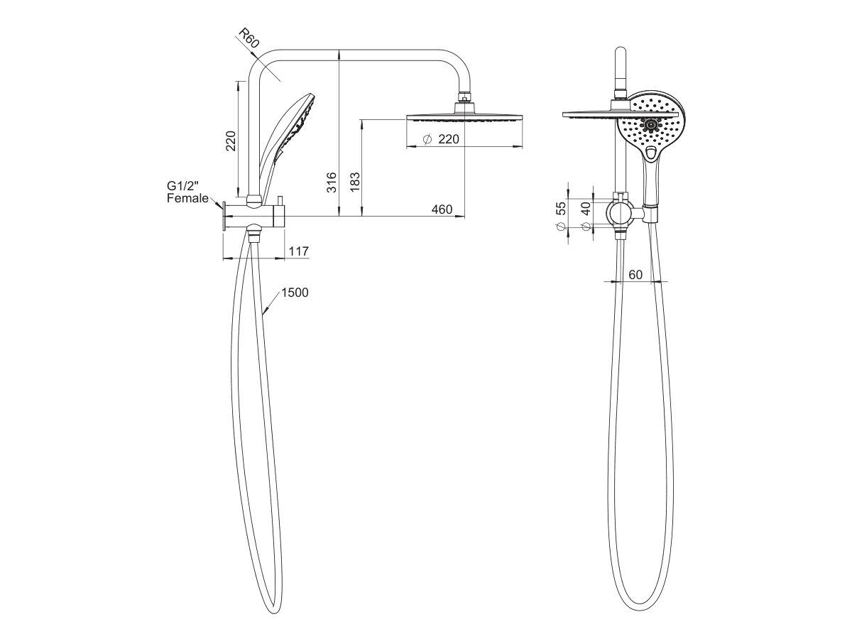 Reece Posh Domaine Short Twin Shower With Water Inlet Wall Bracket Brushed Nickel (3 Star)