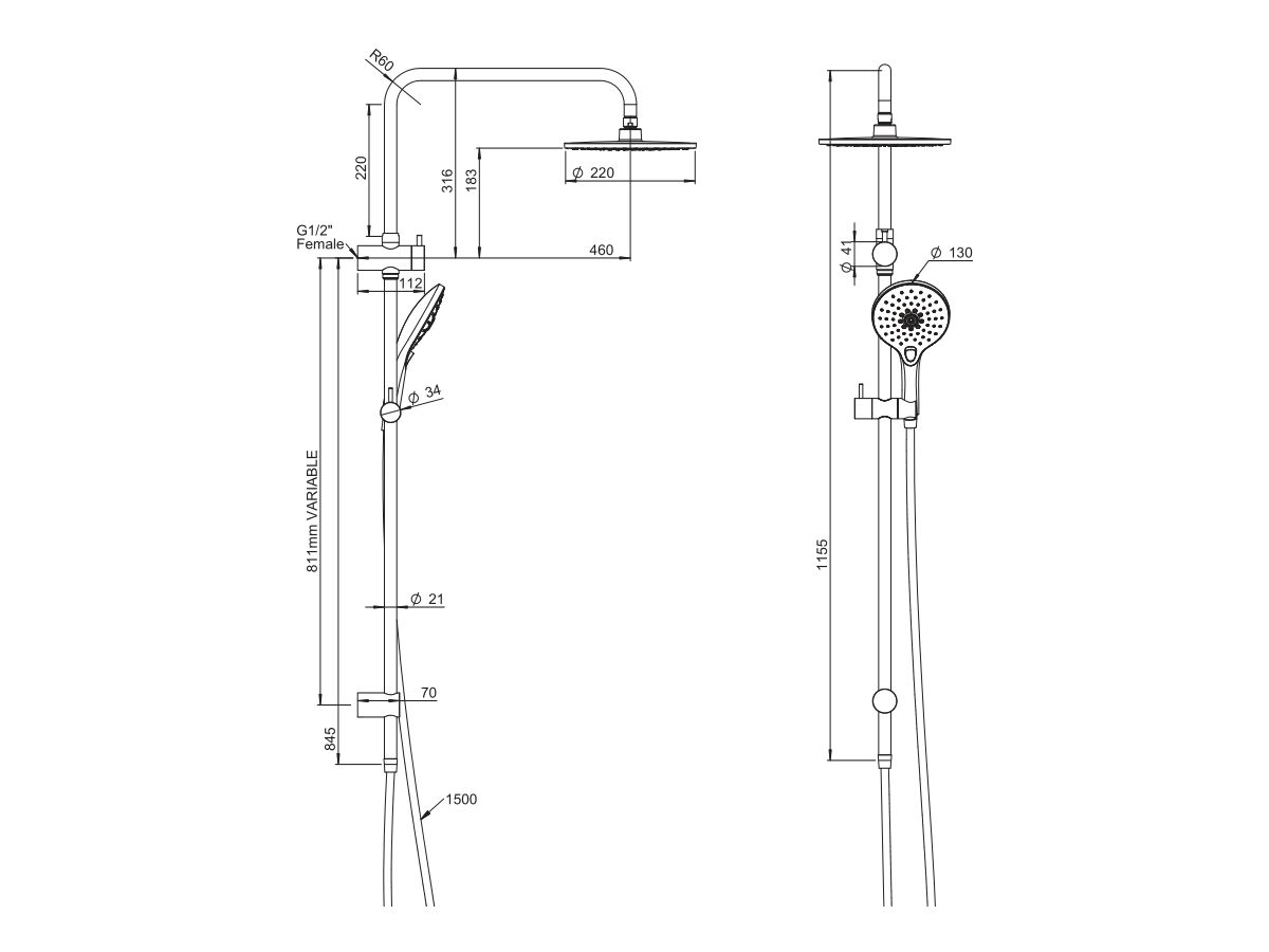 Reece Posh Domaine Twin Rail Shower With Top Rail Water Inlet Brushed Nickel (3 Star)