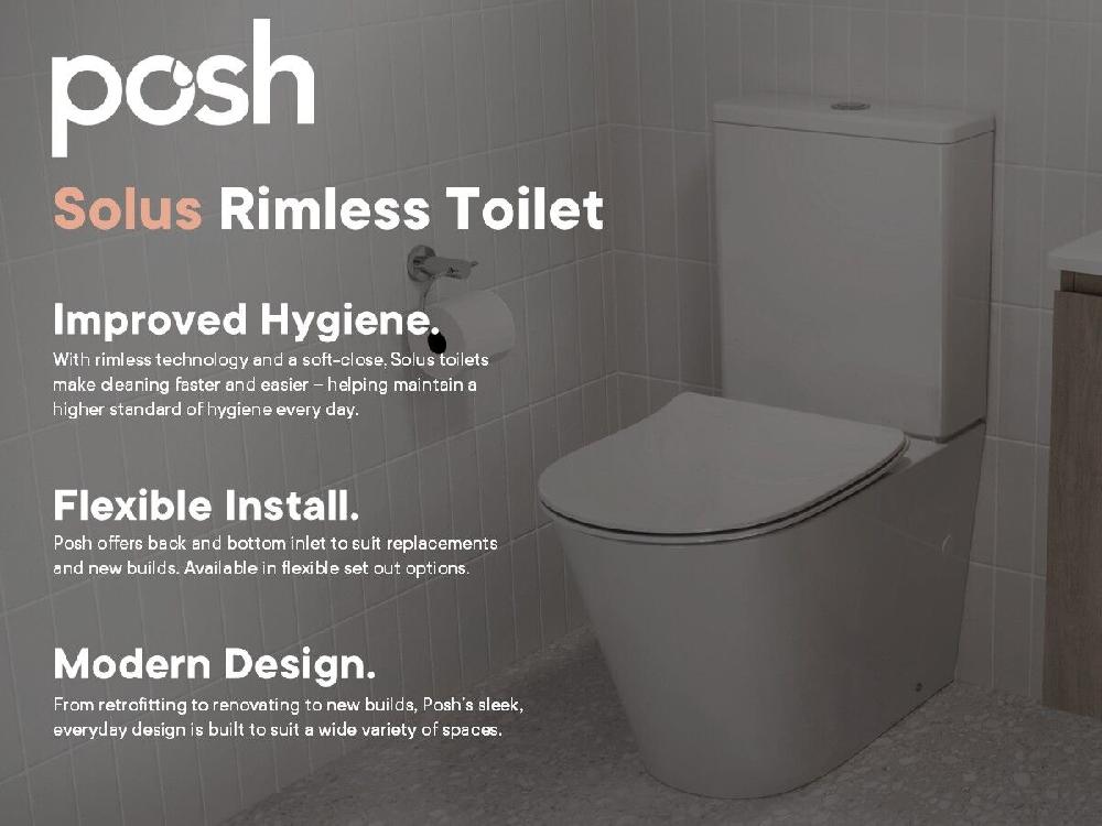 Reece Posh Solus Close Coupled Back To Wall Rimless Back Inlet Toilet Suite With Soft Close Quick Release Seat White (4 Star)