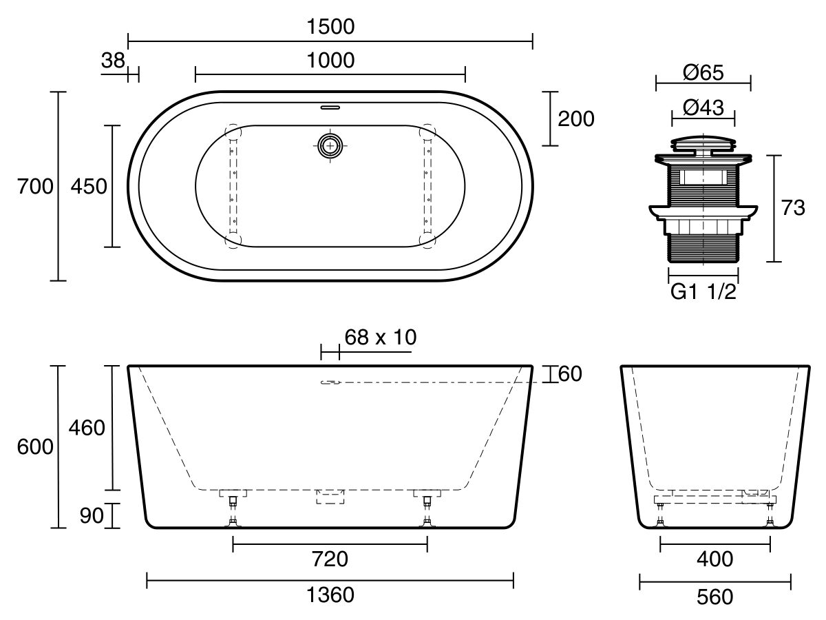 Reece Posh Solus Freestanding Bath With Overflow 1500 X 700 X 600mm White