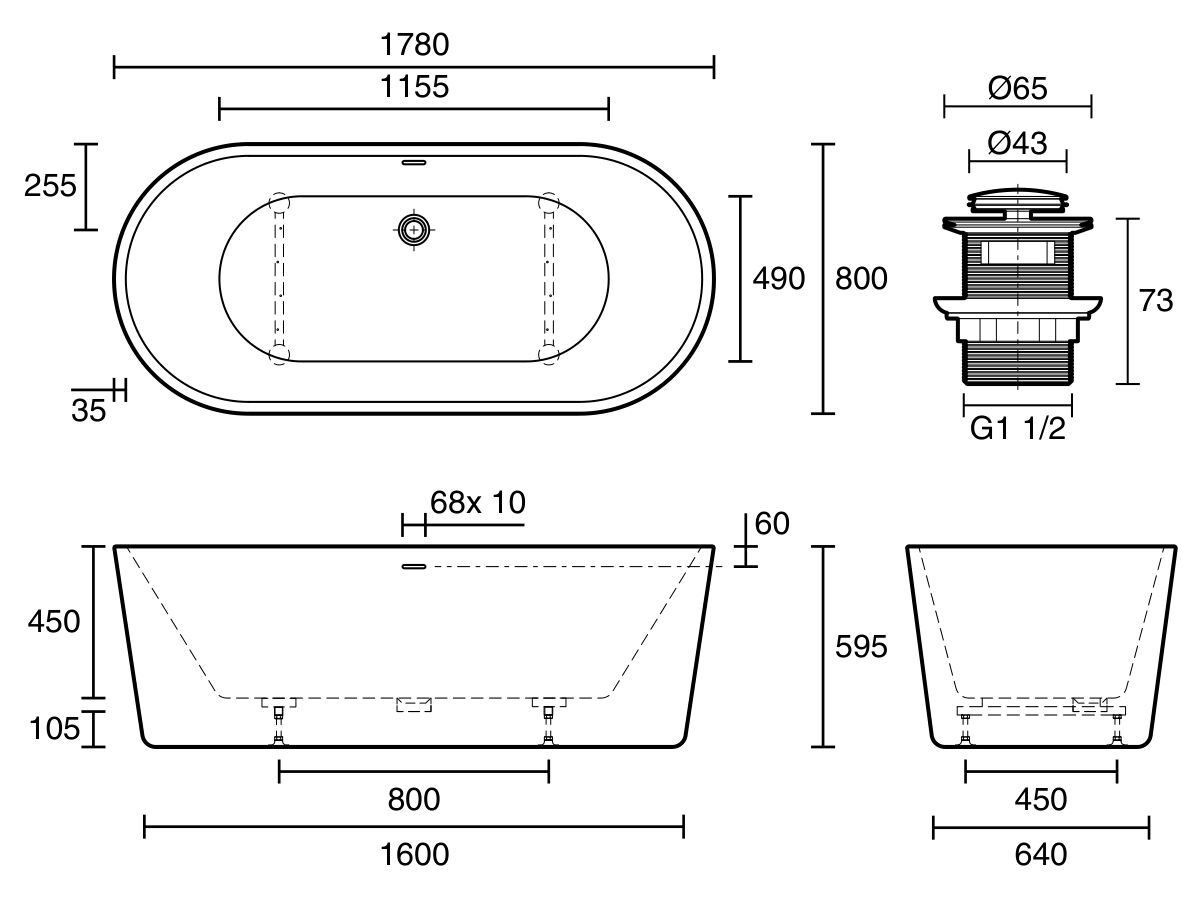 Reece Posh Solus Freestanding Bath With Overflow 1780 X 800 X 595mm White