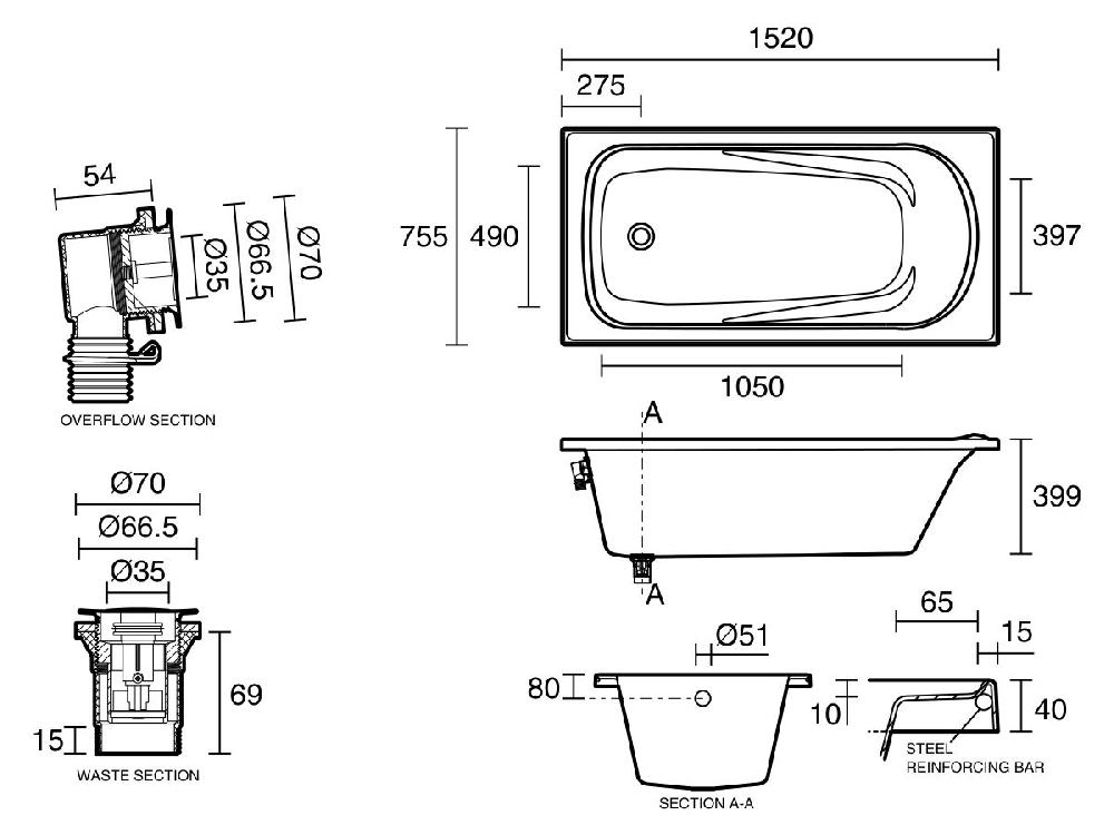 Reece Posh Solus MK2 Inset Bath 1520mm With Overflow Gloss White