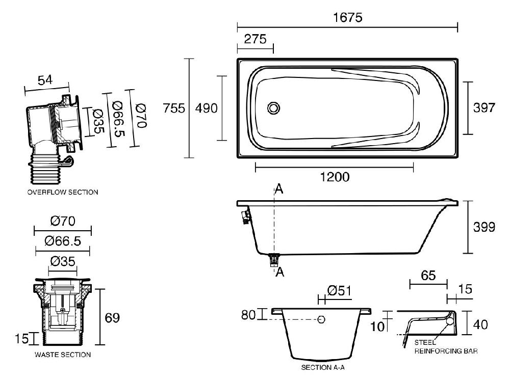 Reece Posh Solus MK2 Inset Bath 1675mm With Overflow Chrome