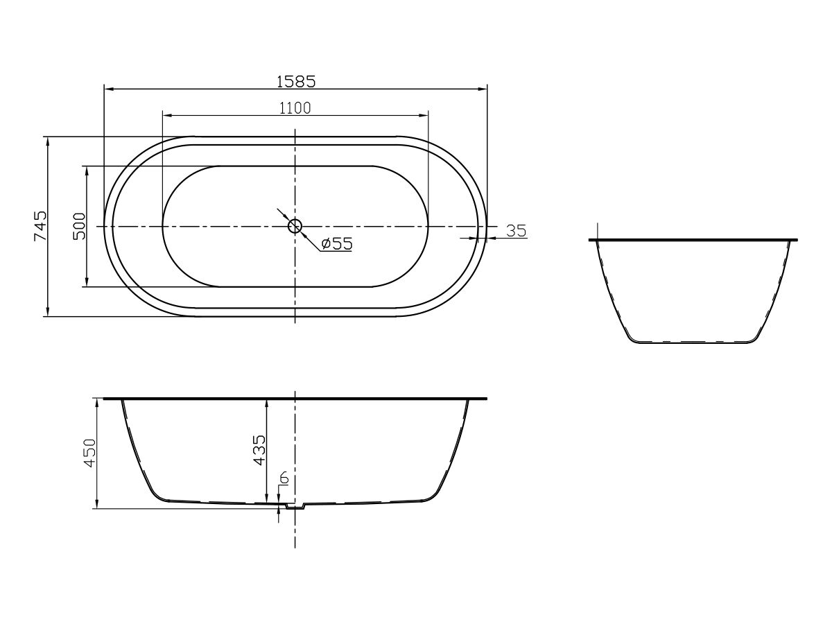 Reece Posh Solus Oval Inset Bath 1585mm X 745mm White