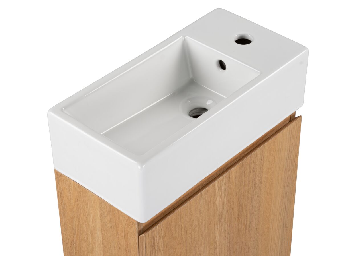 Reece Posh Solus Powder Room Vanity Unit Floor Mounted Left Hand Bowl 1 Taphole Oak Finish