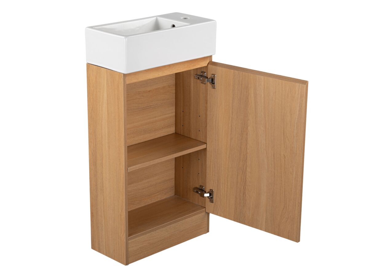 Reece Posh Solus Powder Room Vanity Unit Floor Mounted Left Hand Bowl 1 Taphole Oak Finish