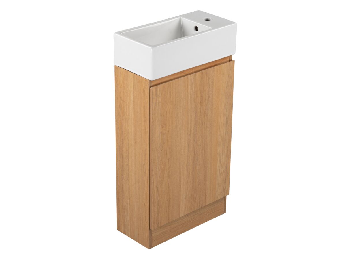 Reece Posh Solus Powder Room Vanity Unit Floor Mounted Left Hand Bowl 1 Taphole Oak Finish