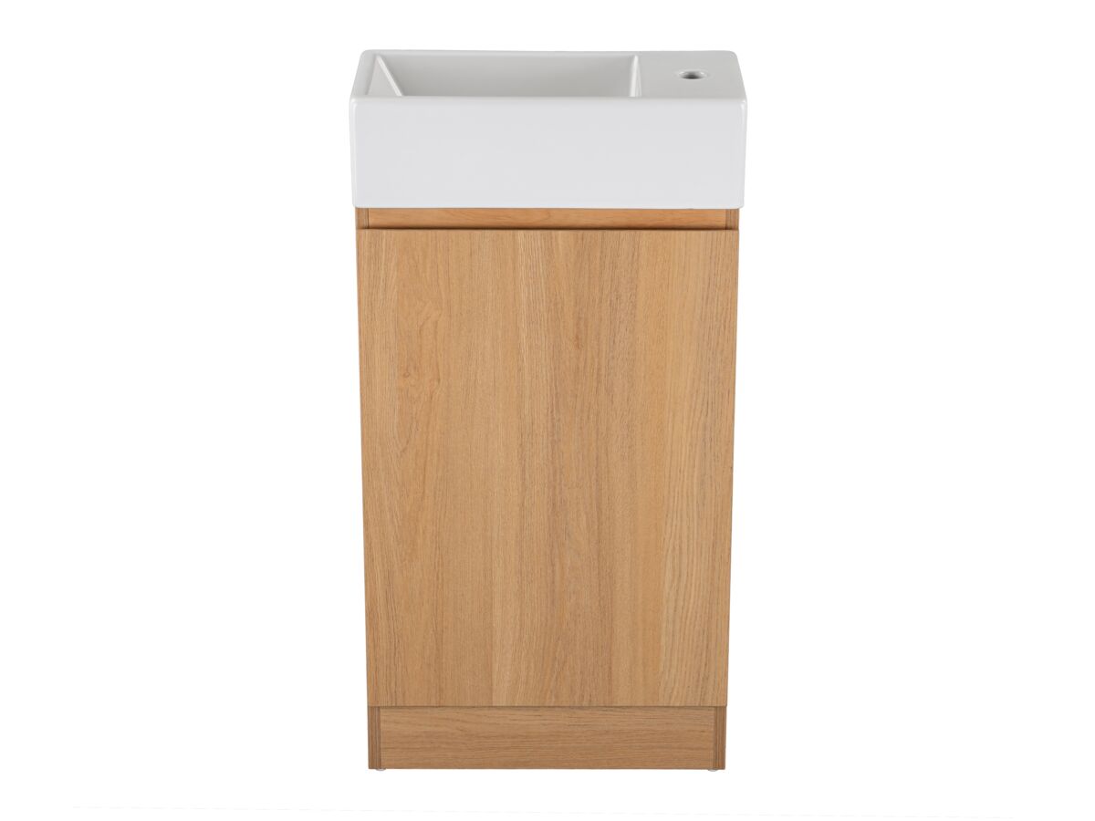 reece Posh Solus Powder Room Vanity Unit Floor Mounted Left Hand Bowl 1 Taphole Oak Finish