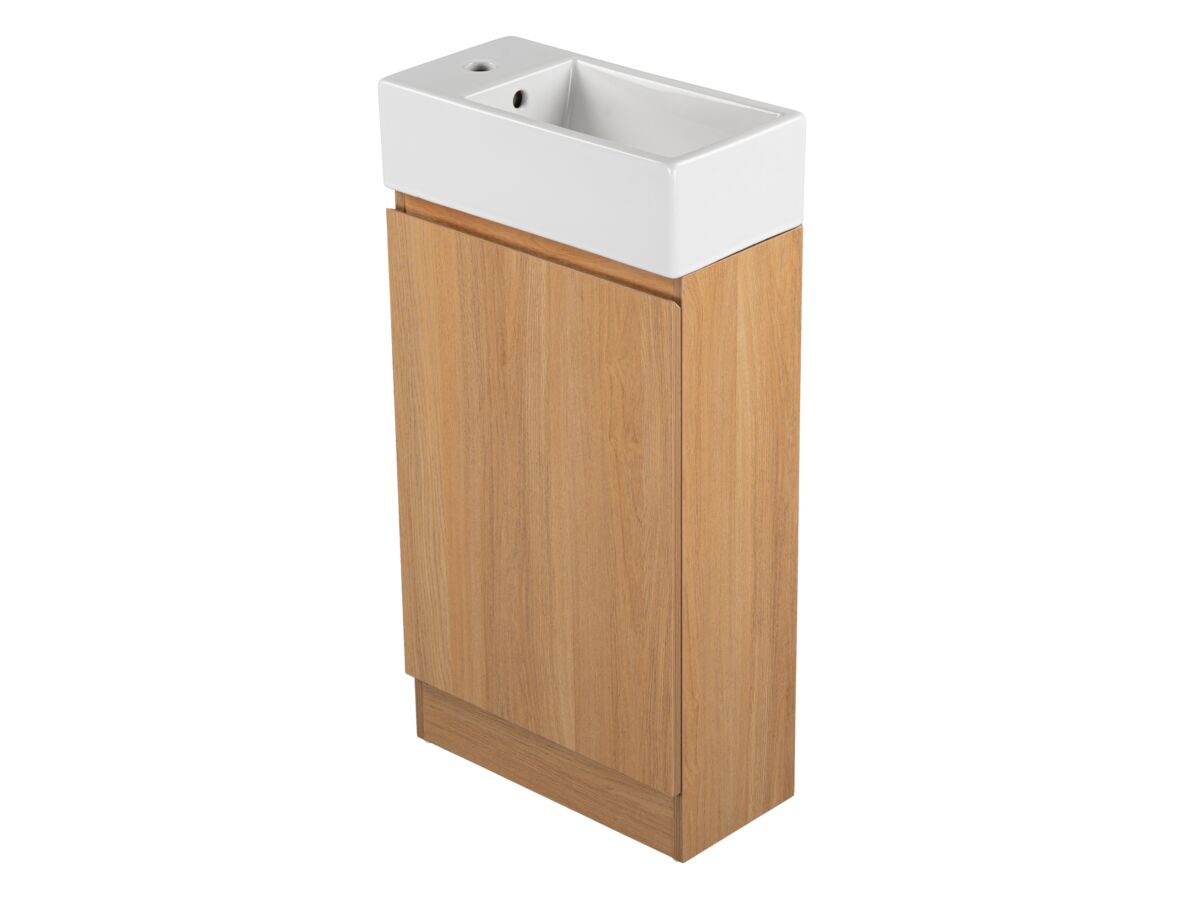 Reece Posh Solus Powder Room Vanity Unit Floor Mounted Right Hand Bowl 1 Taphole Oak Finish