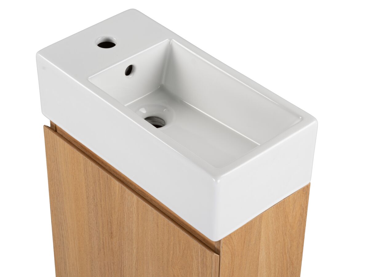 Reece Posh Solus Powder Room Vanity Unit Floor Mounted Right Hand Bowl 1 Taphole Oak Finish