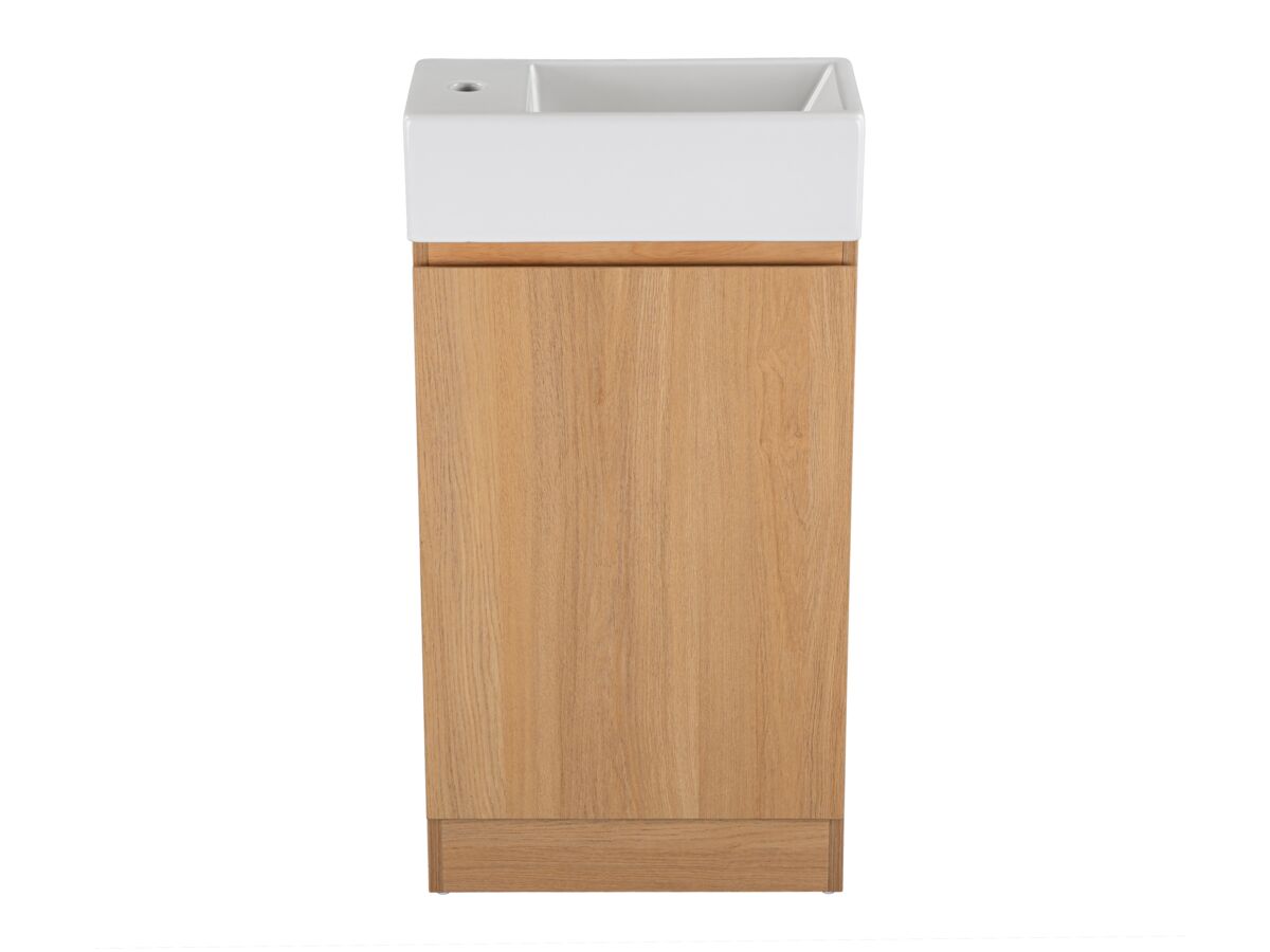 reece Posh Solus Powder Room Vanity Unit Floor Mounted Right Hand Bowl 1 Taphole Oak Finish