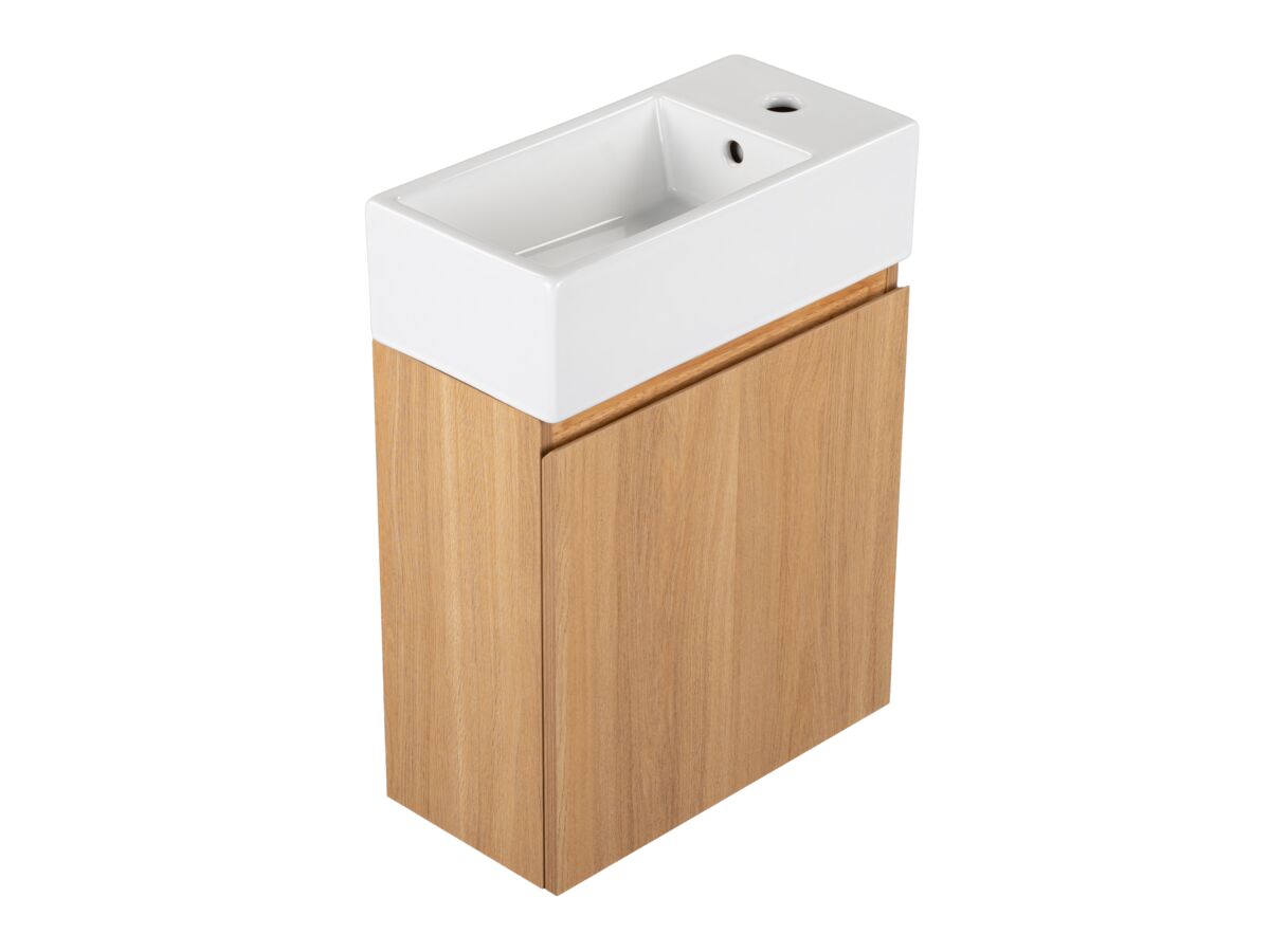 Reece Posh Solus Powder Room Vanity Unit Wall Mounted Left Hand Bowl 1 Taphole Oak Finish