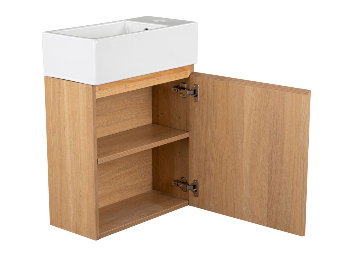 Reece Posh Solus Powder Room Vanity Unit Wall Mounted Left Hand Bowl 1 Taphole Oak Finish