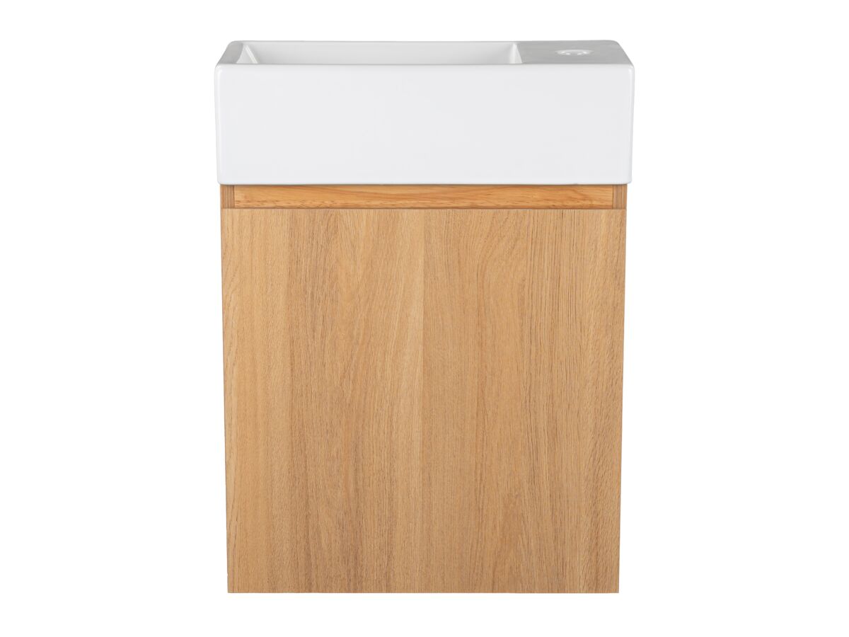reece Posh Solus Powder Room Vanity Unit Wall Mounted Left Hand Bowl 1 Taphole Oak Finish