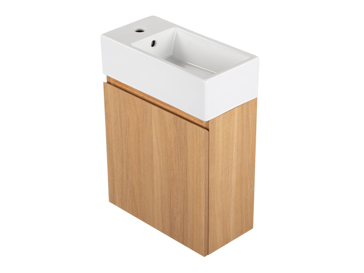 Reece Posh Solus Powder Room Vanity Unit Wall Mounted Right Hand Bowl 1 Taphole Oak Finish