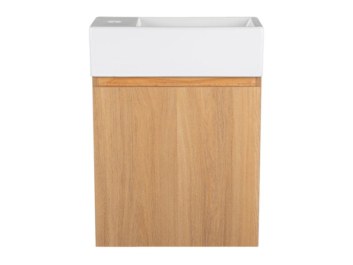reece Posh Solus Powder Room Vanity Unit Wall Mounted Right Hand Bowl 1 Taphole Oak Finish