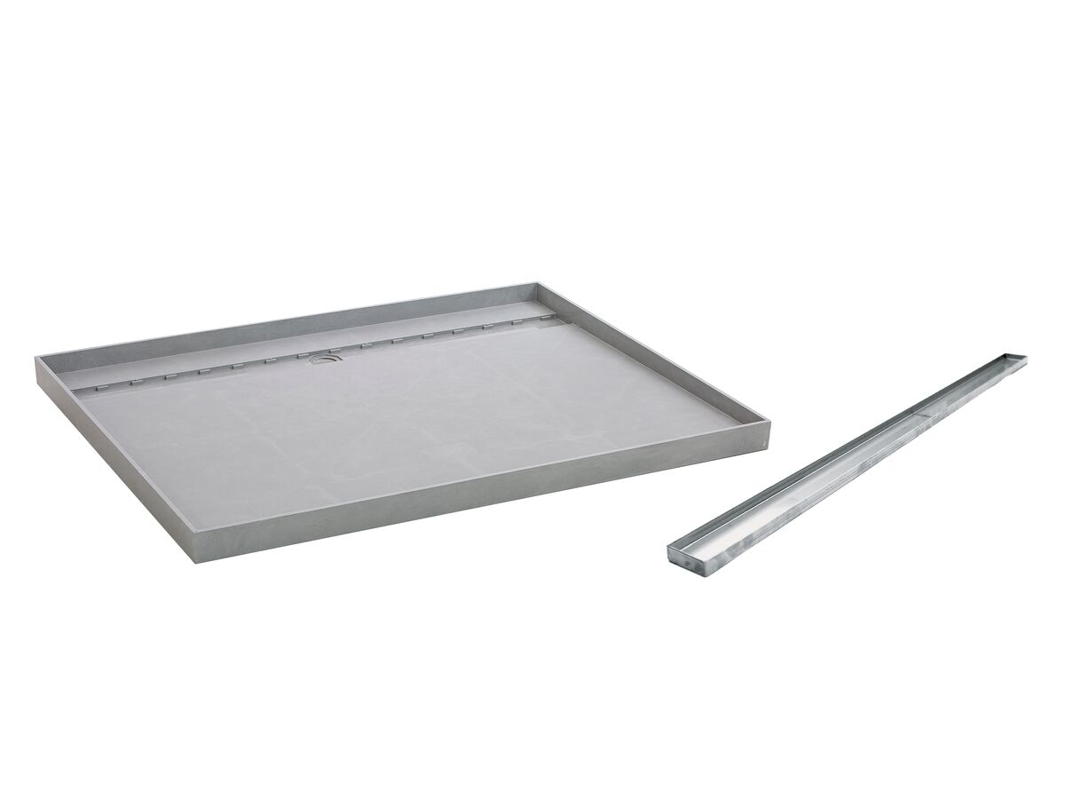 reece Posh Solus Tile Over Shower Tray with 1140mm Long Rear Stainless Steel Tile Insert Channel Suits Tiles up to 8mm (For 3 Wall / Alcove Install) 1200mm x 900mm
