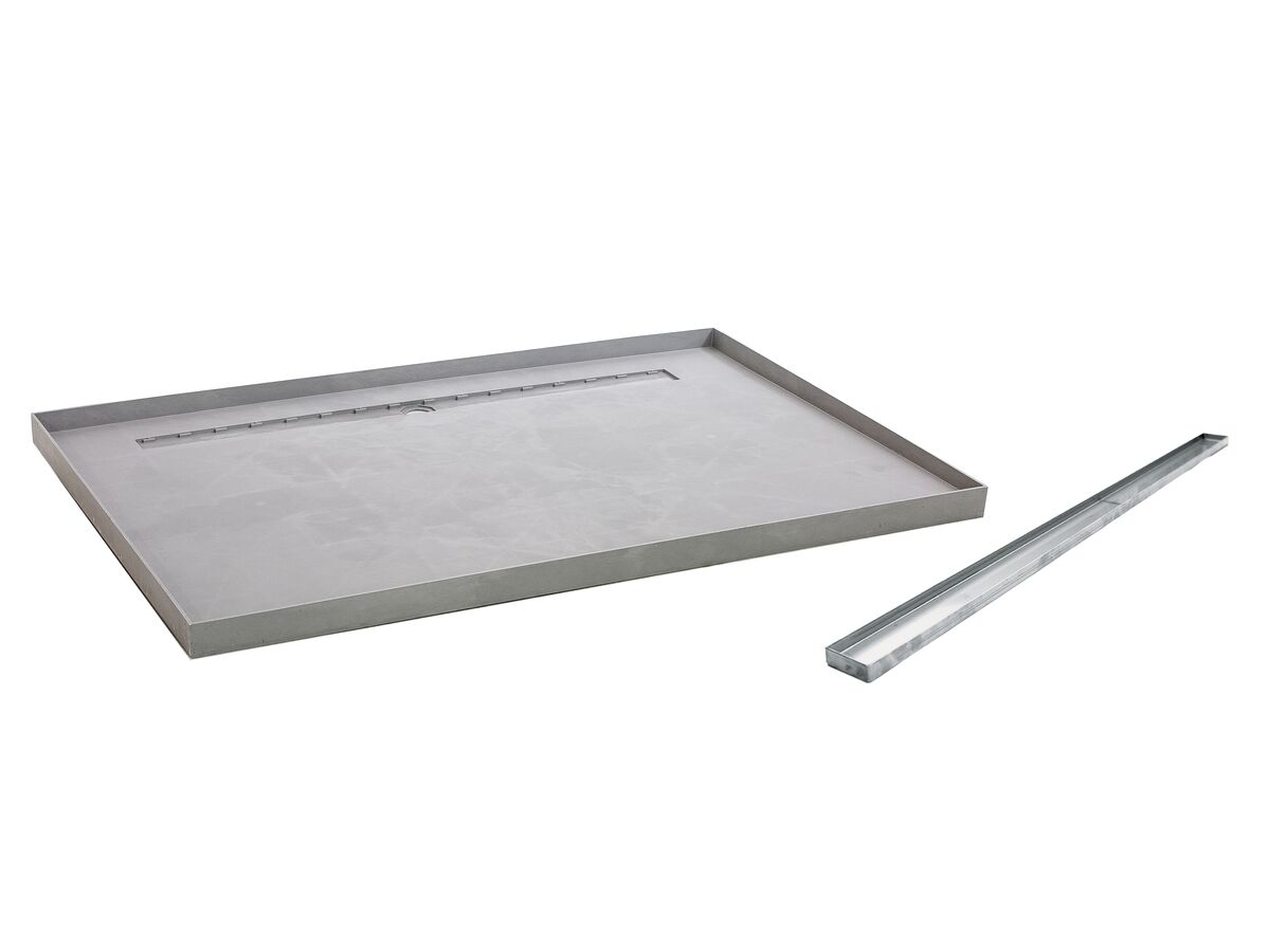 reece Posh Solus Tile Over Shower Tray with 1140mm Long Rear Stainless Steel Tile Insert Channel Suits Tiles up to 8mm 1500mm x 1000mm