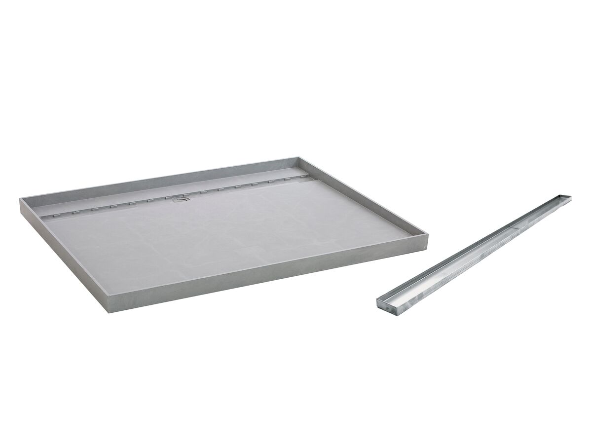 reece Posh Solus Tile Over Shower Tray with 1160mm Long Rear Stainless Steel Tile Insert Channel Suits Tiles up to 8mm (For 2 Wall / Corner Install) 1200mm x 900mm