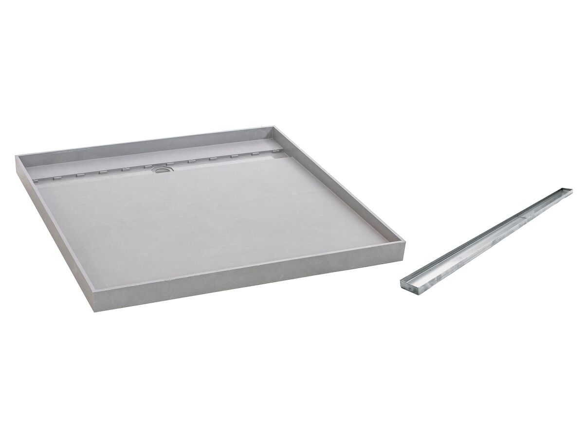 reece Posh Solus Tile Over Shower Tray with 860mm Long Rear Stainless Steel Tile Insert Channel Suits Tiles 9mm and up (For 2 Wall / Corner Install) 900mm x 900mm