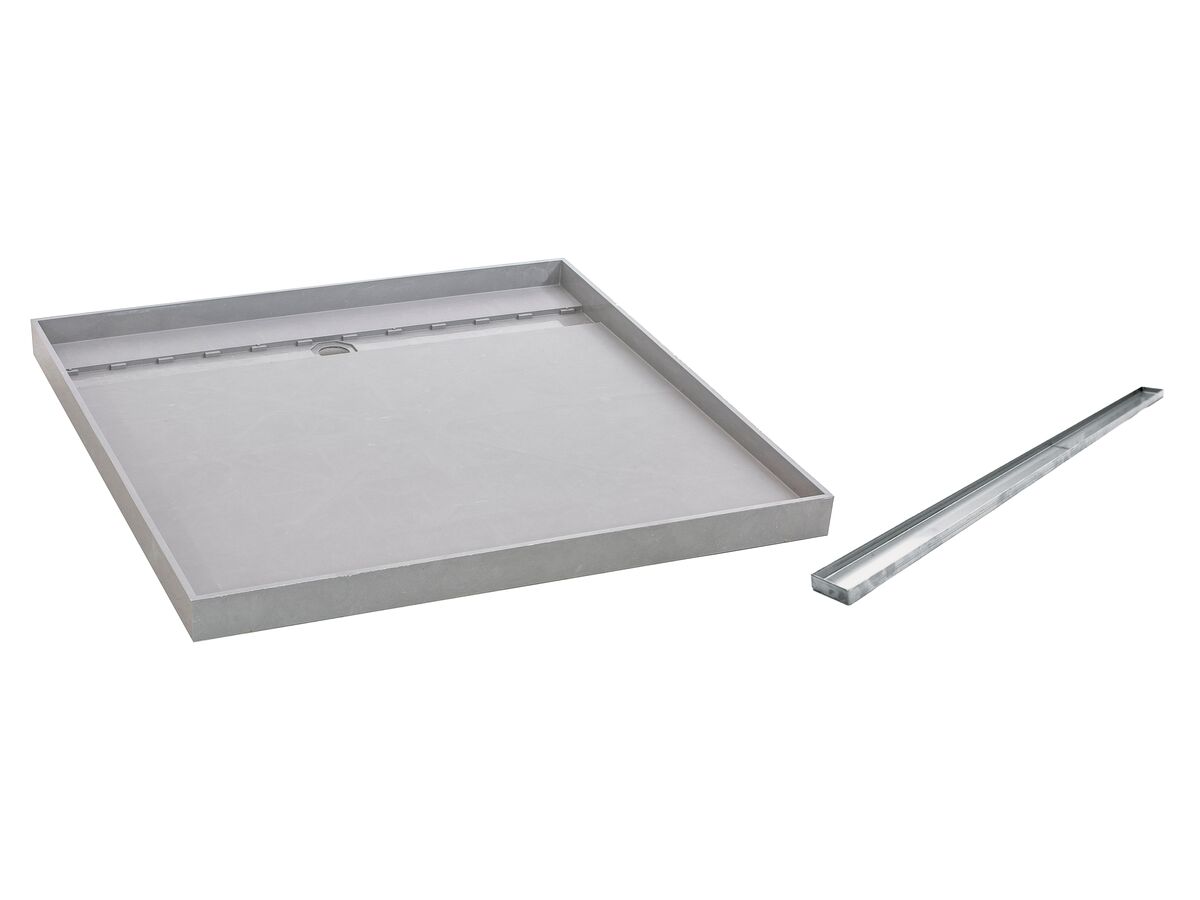 reece Posh Solus Tile Over Shower Tray with 860mm Long Rear Stainless Steel Tile Insert Channel Suits Tiles up to 8mm (For 2 Wall / Corner Install) 900mm x 900mm
