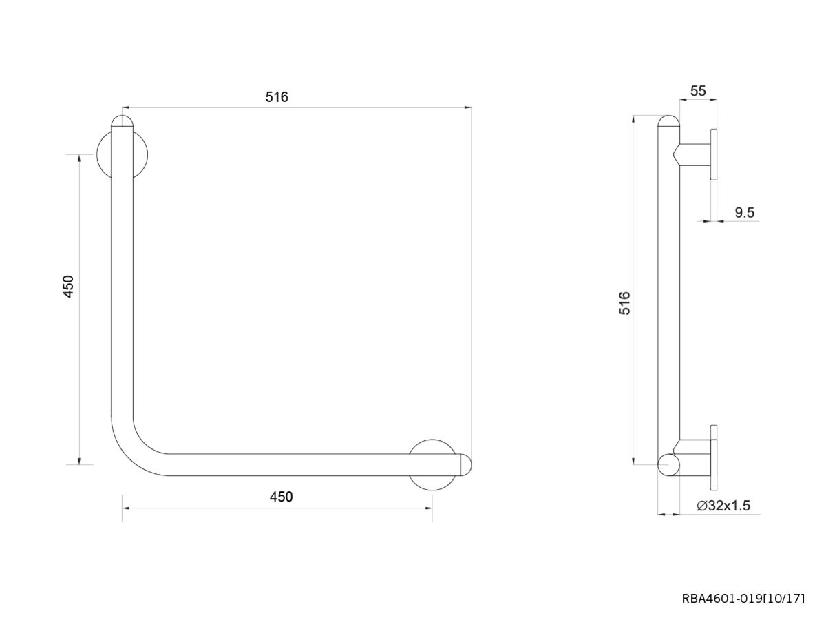 Reece Raffaello 90 Degree Ambulant Grab Rail 450mm Bright Stainless Steel