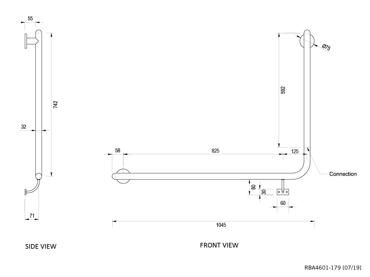 Reece Raffaello Accessible Stainless Steel Grab Rail 90 Degree Left Hand 950mm X 700mm Bright